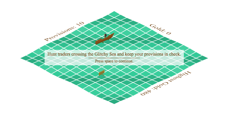 Screenshot of the “Pirates of the Glitchy Sea” game showing a ship on an isometric sea.